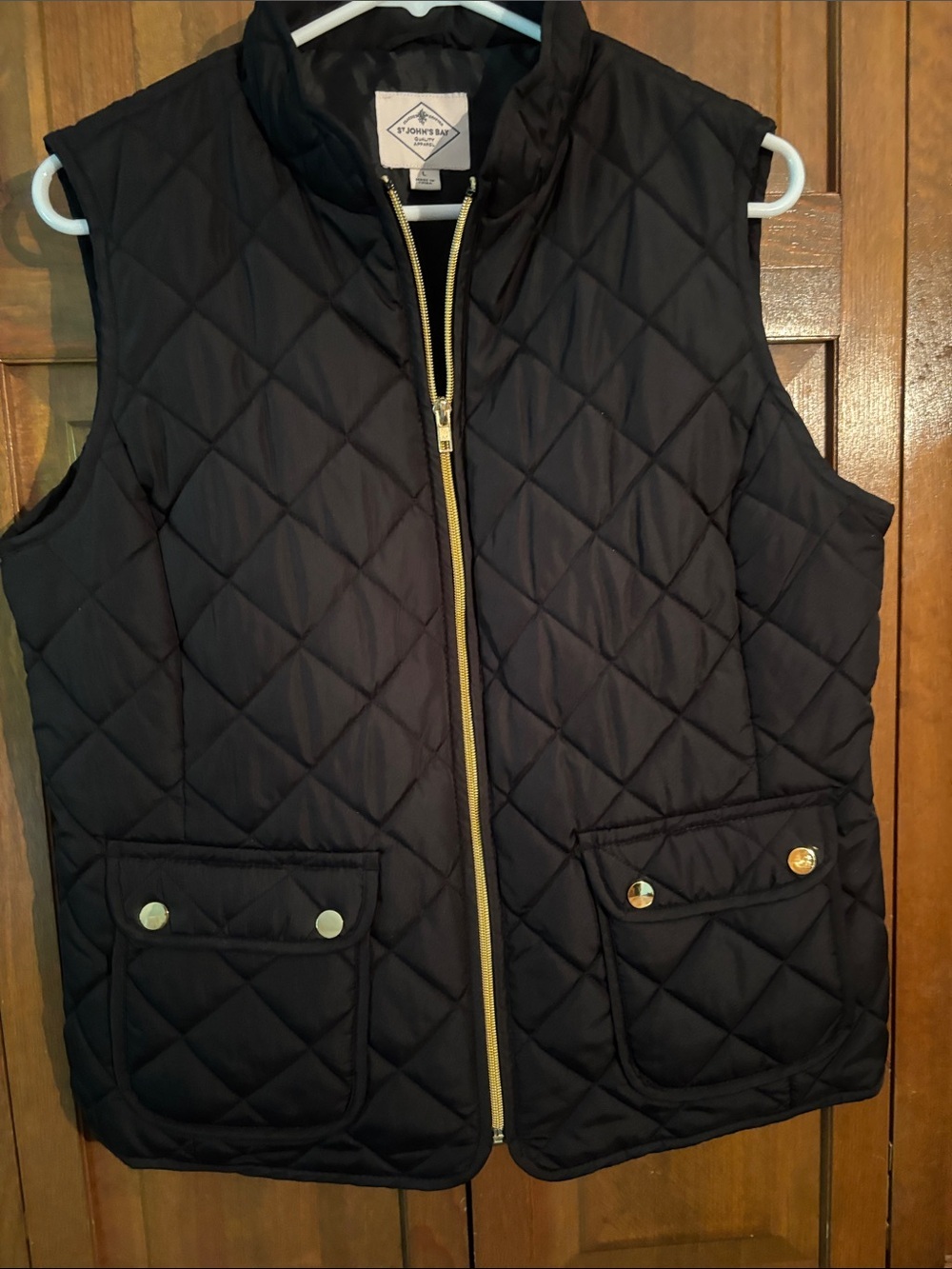 St. John's Bay Black Quilted Puffer Vest with Gold Trim - Picture 4 of 7